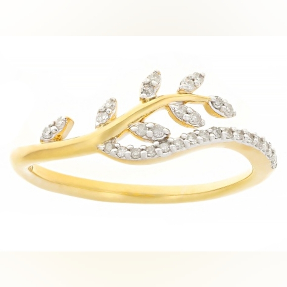 💎White Diamond 14k ✨️Yellow Gold Over Sterling Silver Leaf🌿 Band 0.13ctw♦️NWT♦ - Picture 3 of 5